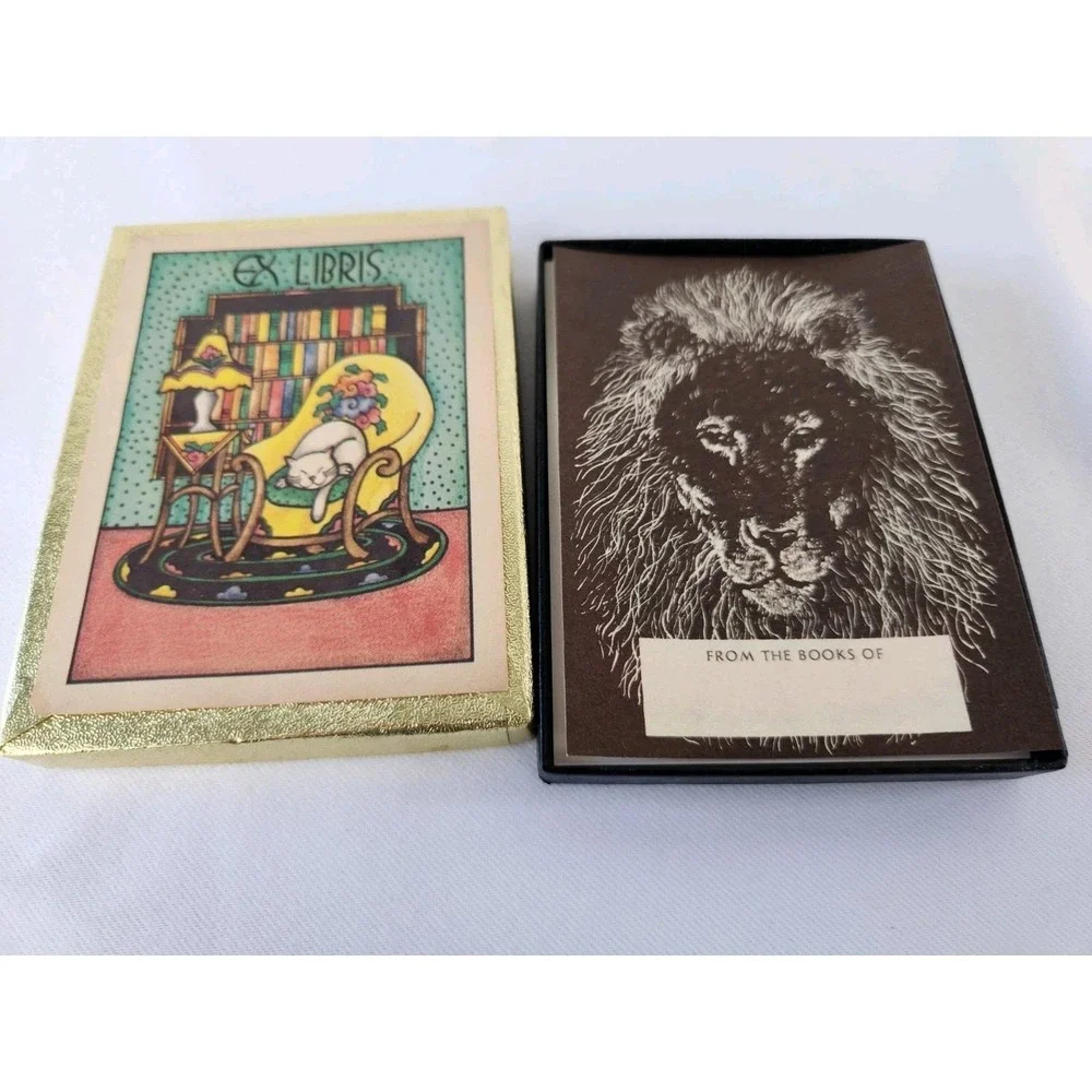 Vtg Antioch Ex Libris Cozy‎ Cat Library Books Bookplates Box 50+ Lion Sun Art